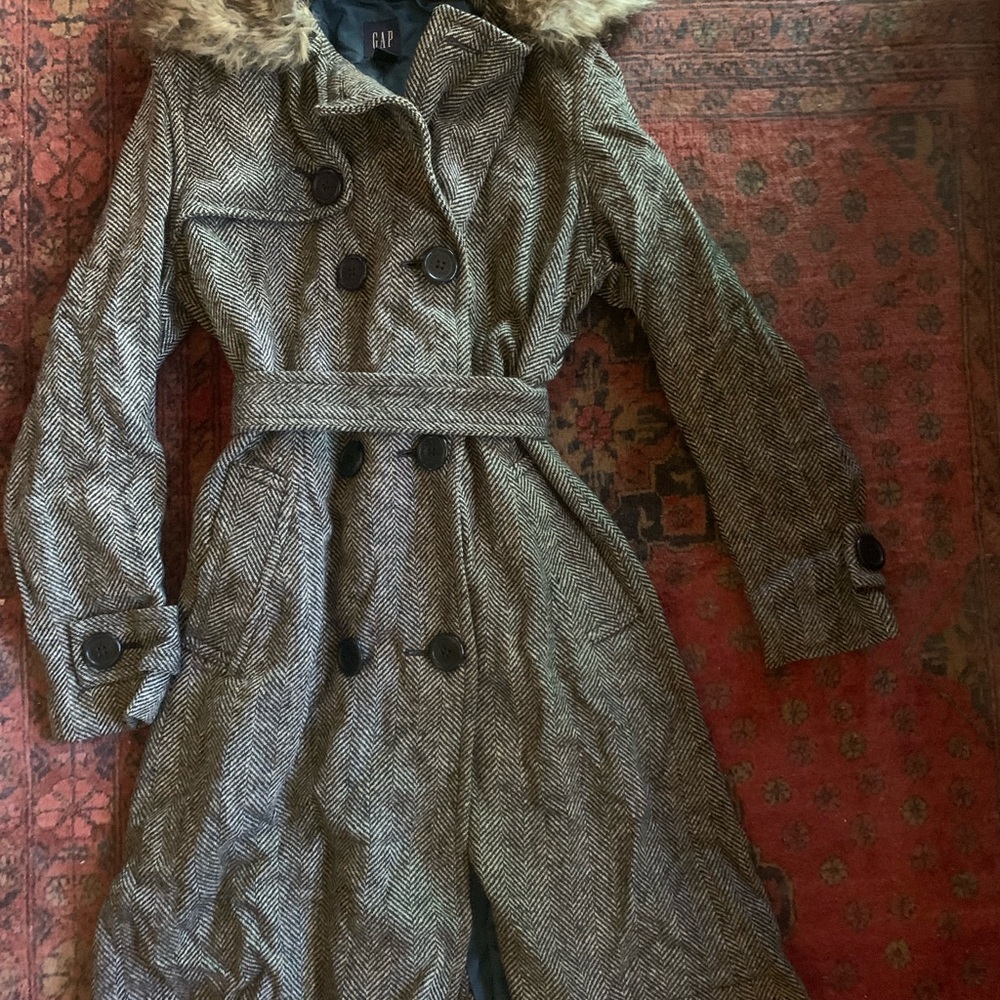 GAP Herringbone Coat with Faux Fur Trim